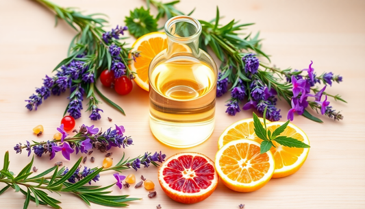 Natural skincare ingredients with essential oil, citrus fruits, and lavender.