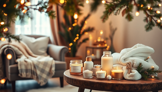 Cozy holiday self-care essentials with candles, bath salts, and plush towels.