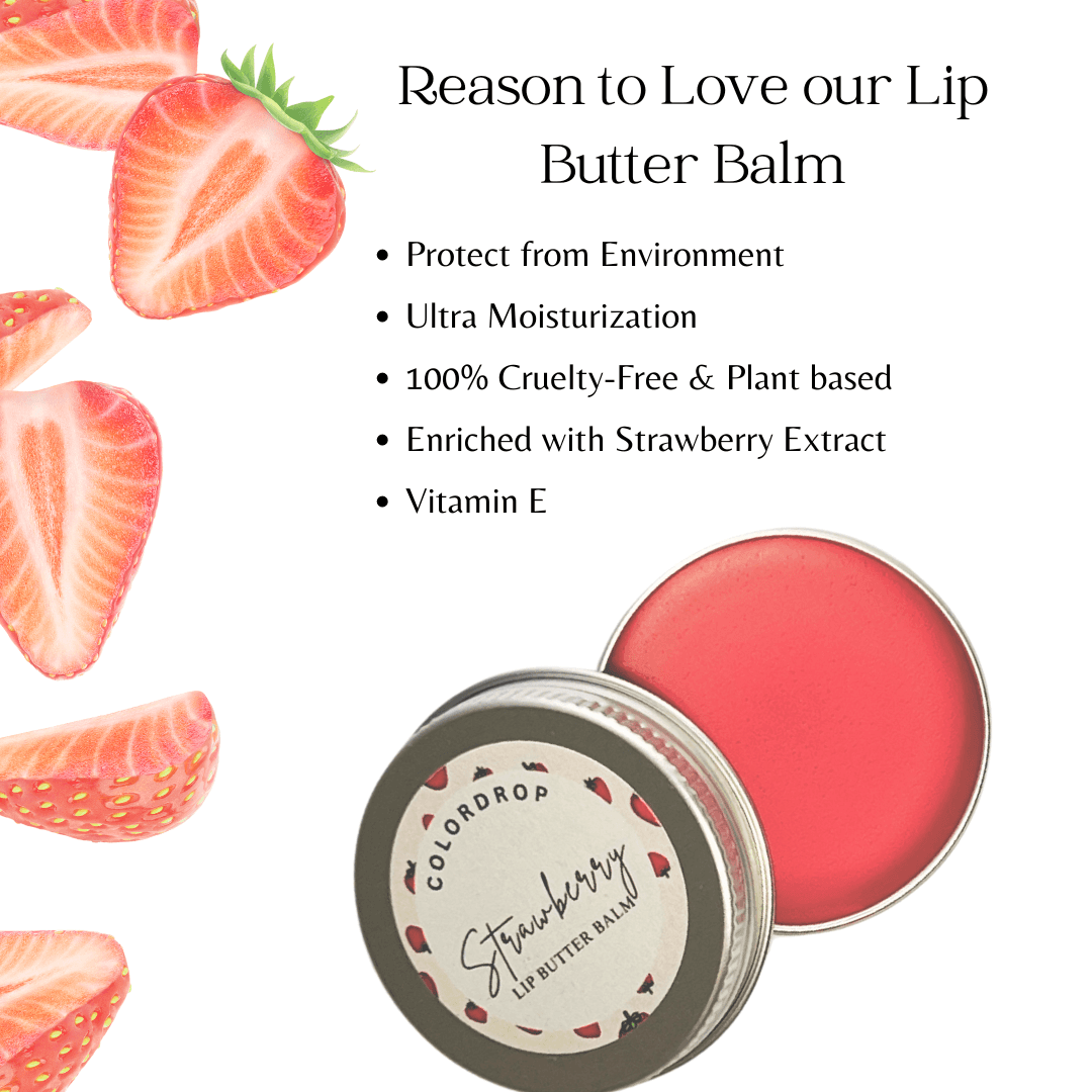 "Fruity strawberry lip balm for daily lip care with plant based ingredients such as strawberry extract and vitamin E