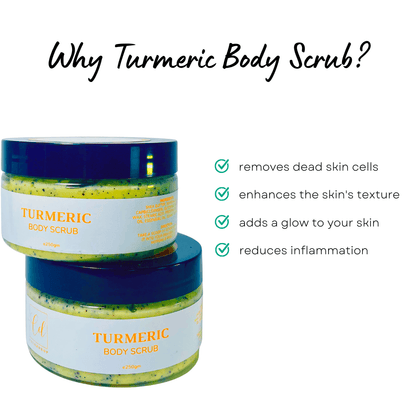 Natural turmeric sugar scrub with gentle exfoliants which help Soothing for rejuvenated skin