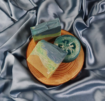 Handcrafted Aqua bliss soap made with natural Eucalyptus oil & peppermint oil & also designed like beach waves.