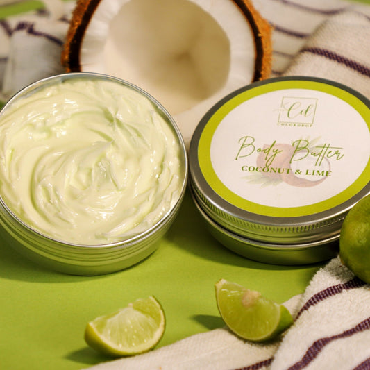 Creamy and zesty Coconut & Lime Body Butter in an open tin, showcasing its smooth texture. Infused with coconut and lime for deep hydration.