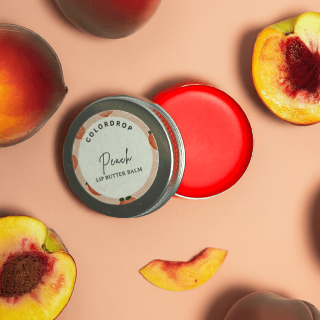 Fruity peach lip balm for daily lip care in a compact tin container