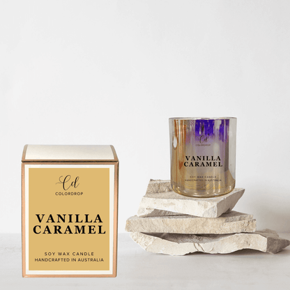 Vanilla caramel soy candle in elegant glass jar and infused with the sweet scent of Vanilla caramel"