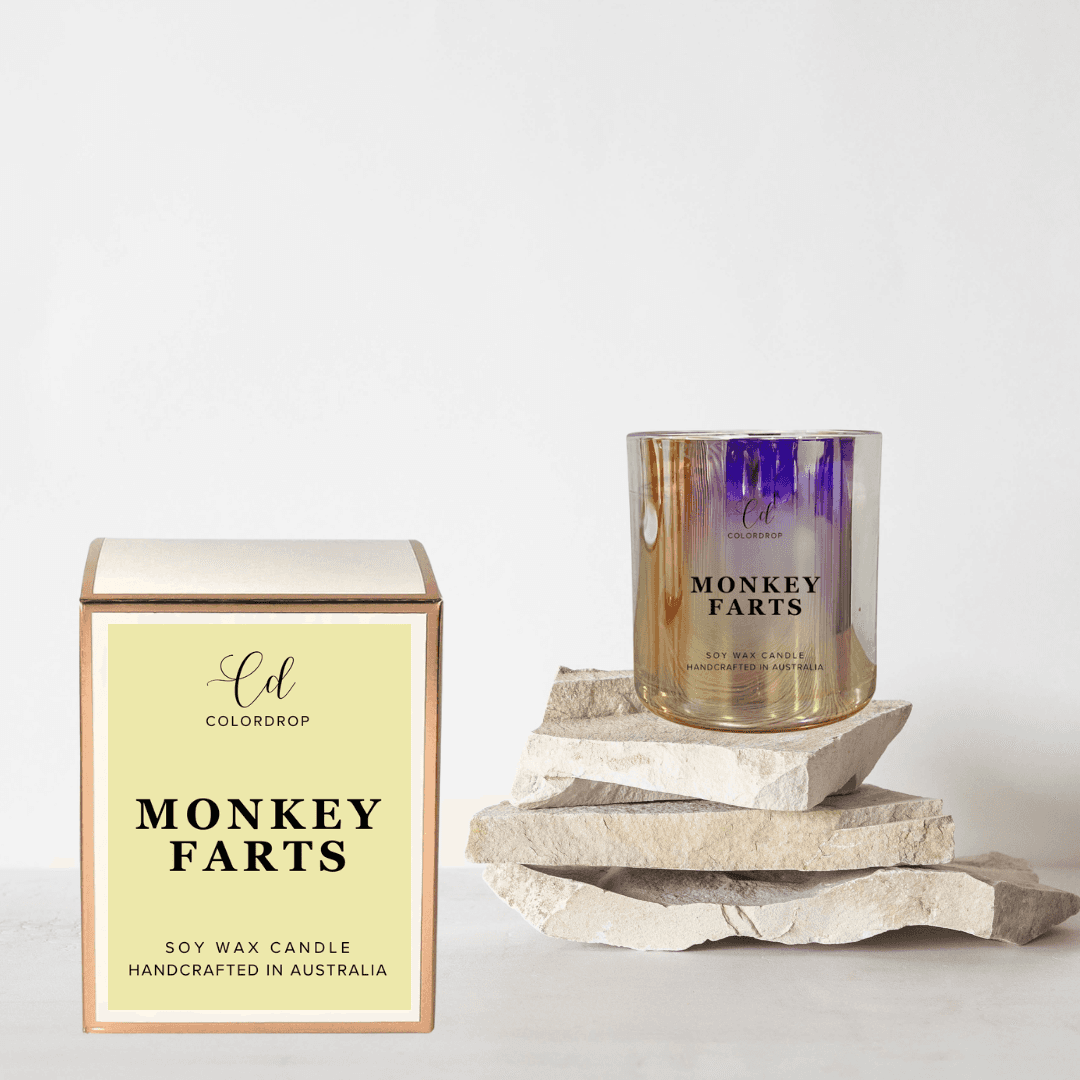 Scented soy candle featuring fruity and playful Monkey Farts fragrance to lighten the mood and bring joy