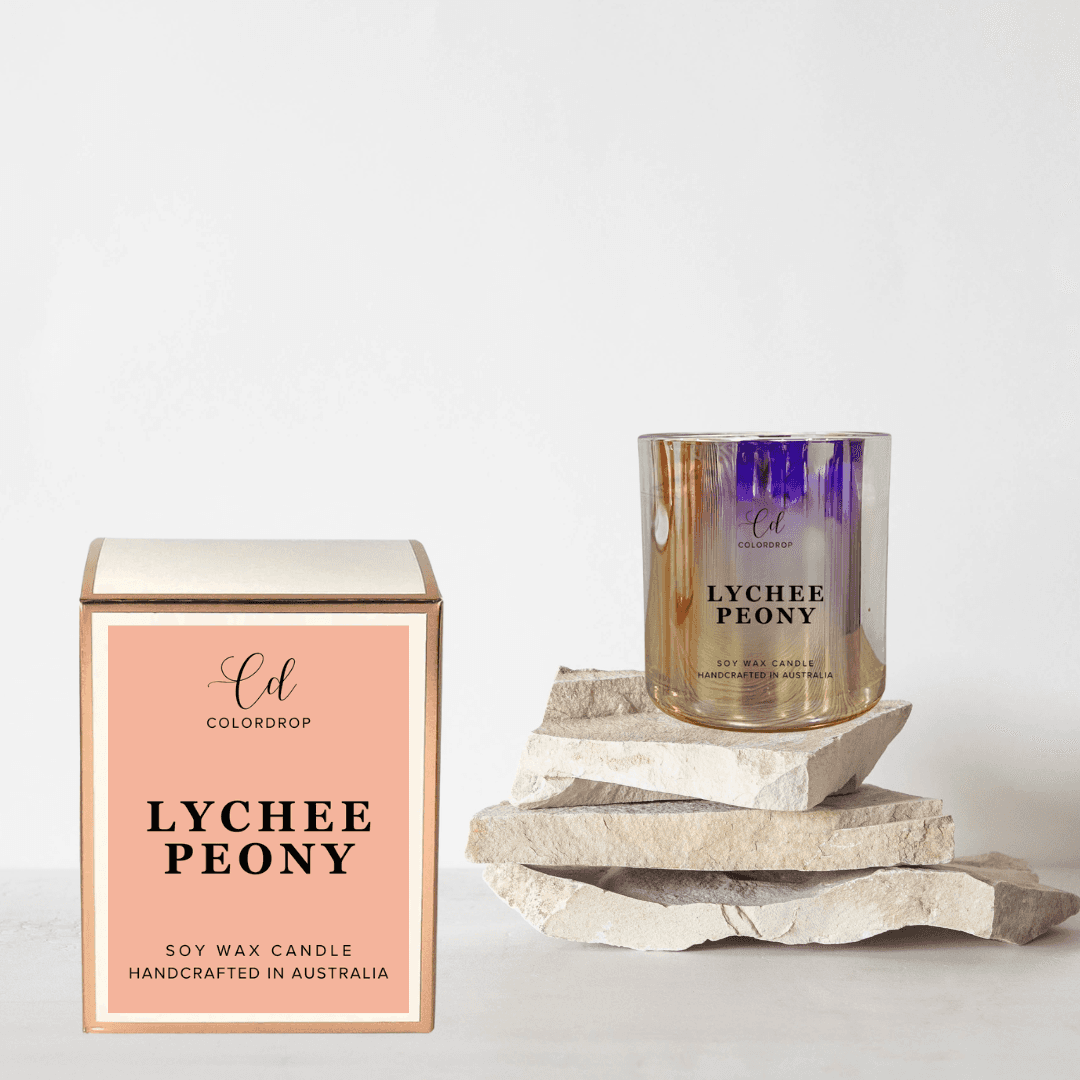 "Hand-poured Lychee peony candle with the sweet scent of Lychee and delicate peony for a luxurious ambiance and perfect for gifting or personal use