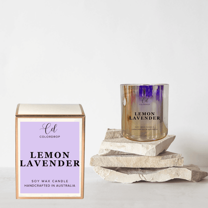 Scented soy candle featuring lemon and lavender fragrances, Lemon lavender candle for calming atmosphere