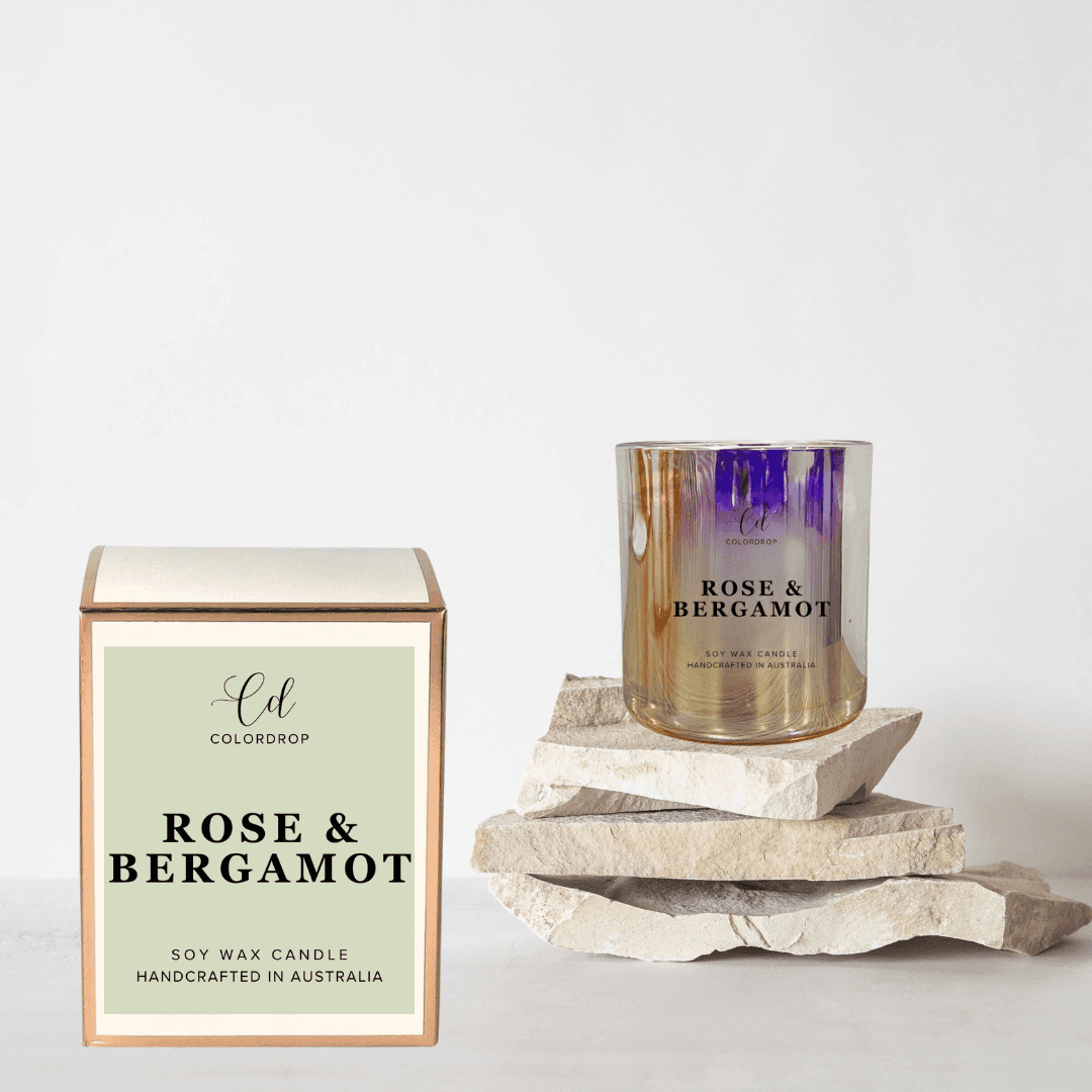 "Rose and Bergamot soy candle, perfect for relaxation and self-care"