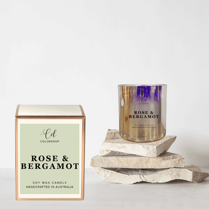 "Rose and Bergamot soy candle, perfect for relaxation and self-care"