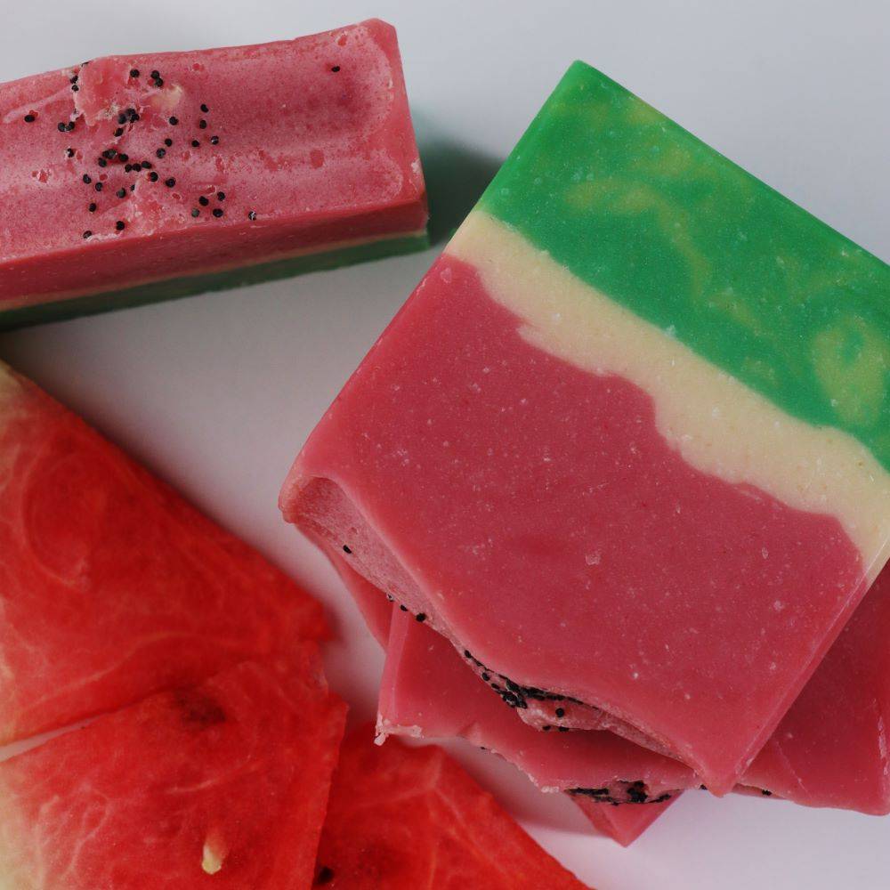 Handcrafted juicy watermelon cold processed soap bar with Vibrant refreshing colors"